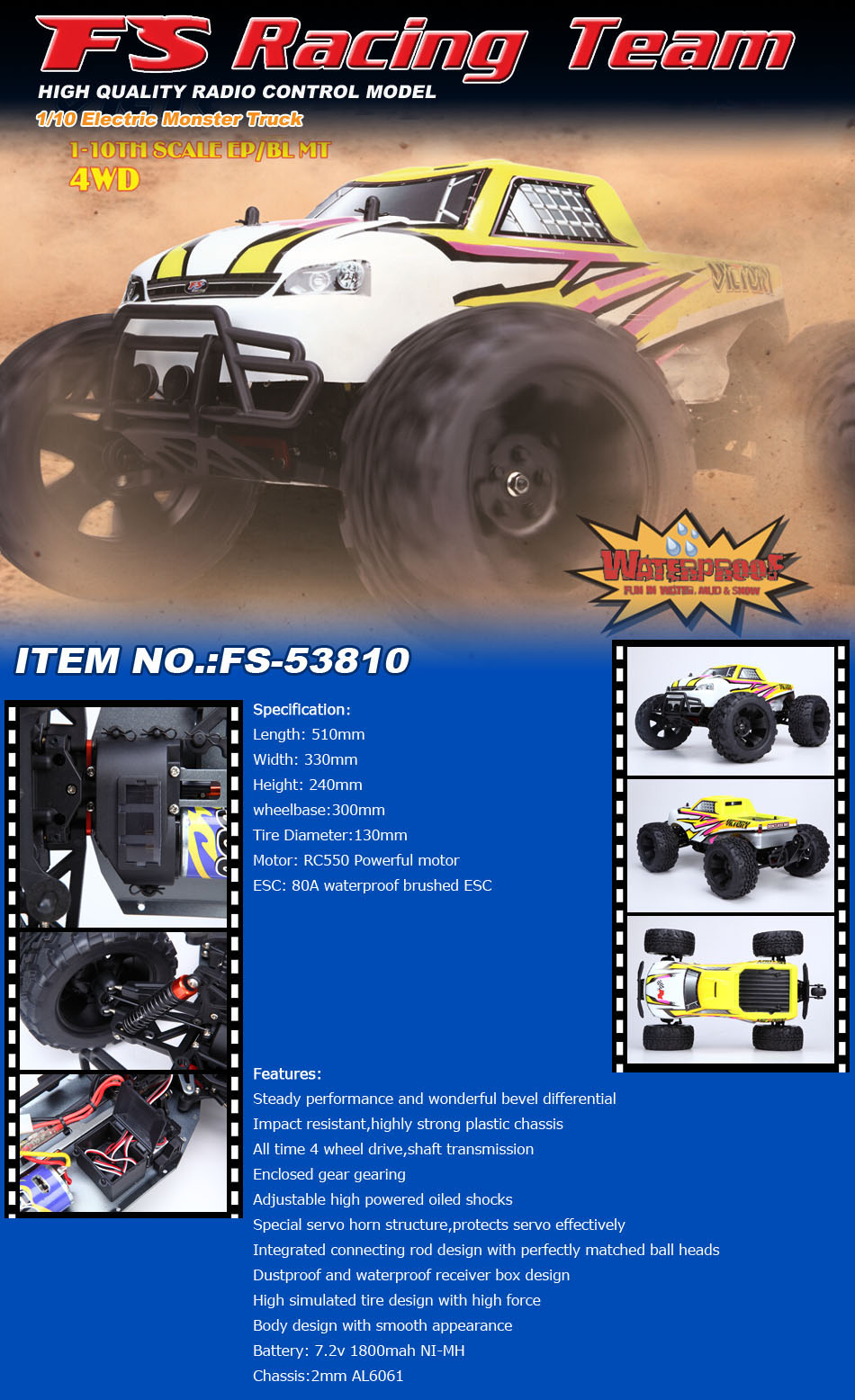 FSRacing 1/10 Brushless Electric Monster Truck (FS53633) (No Battery)
